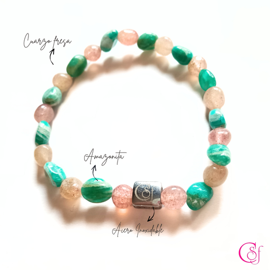 Pulsera de Magnetismo Natural · Cuarzo Fresa y Amazonita · Diseño de Autor CSF
