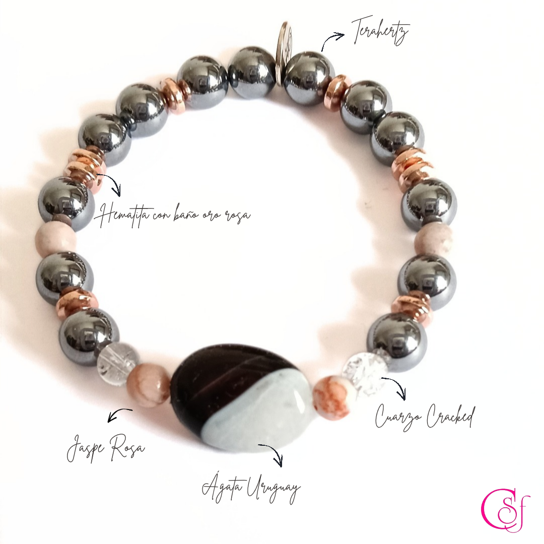 Pulsera Ágata Uruguay · Terahertz, Jaspe Rosa y Oro Rosa · Trend Magic CSF