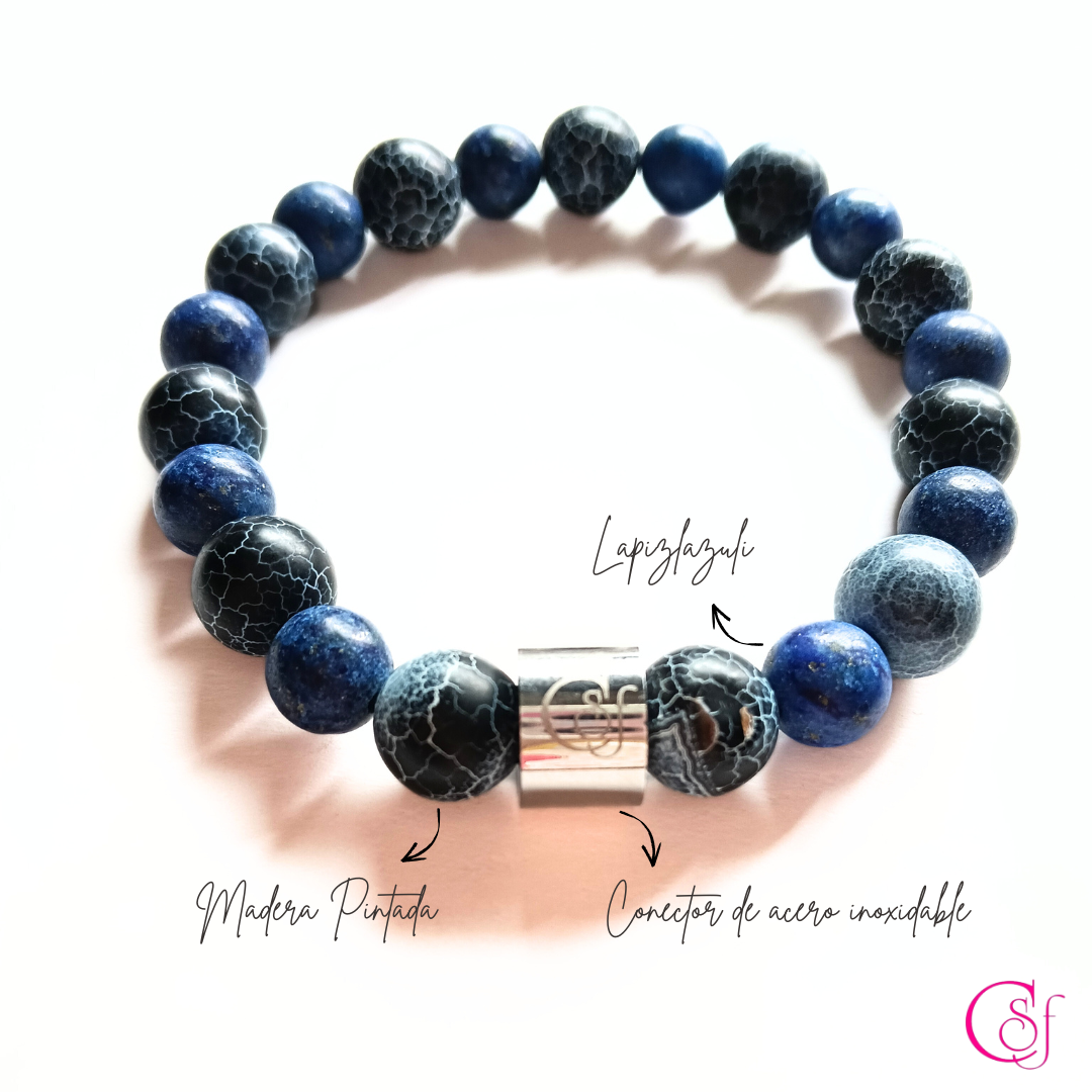 Pulsera Lapislázuli y Madera Pintada con Acero Inoxidable · Diseño de Autor CSF