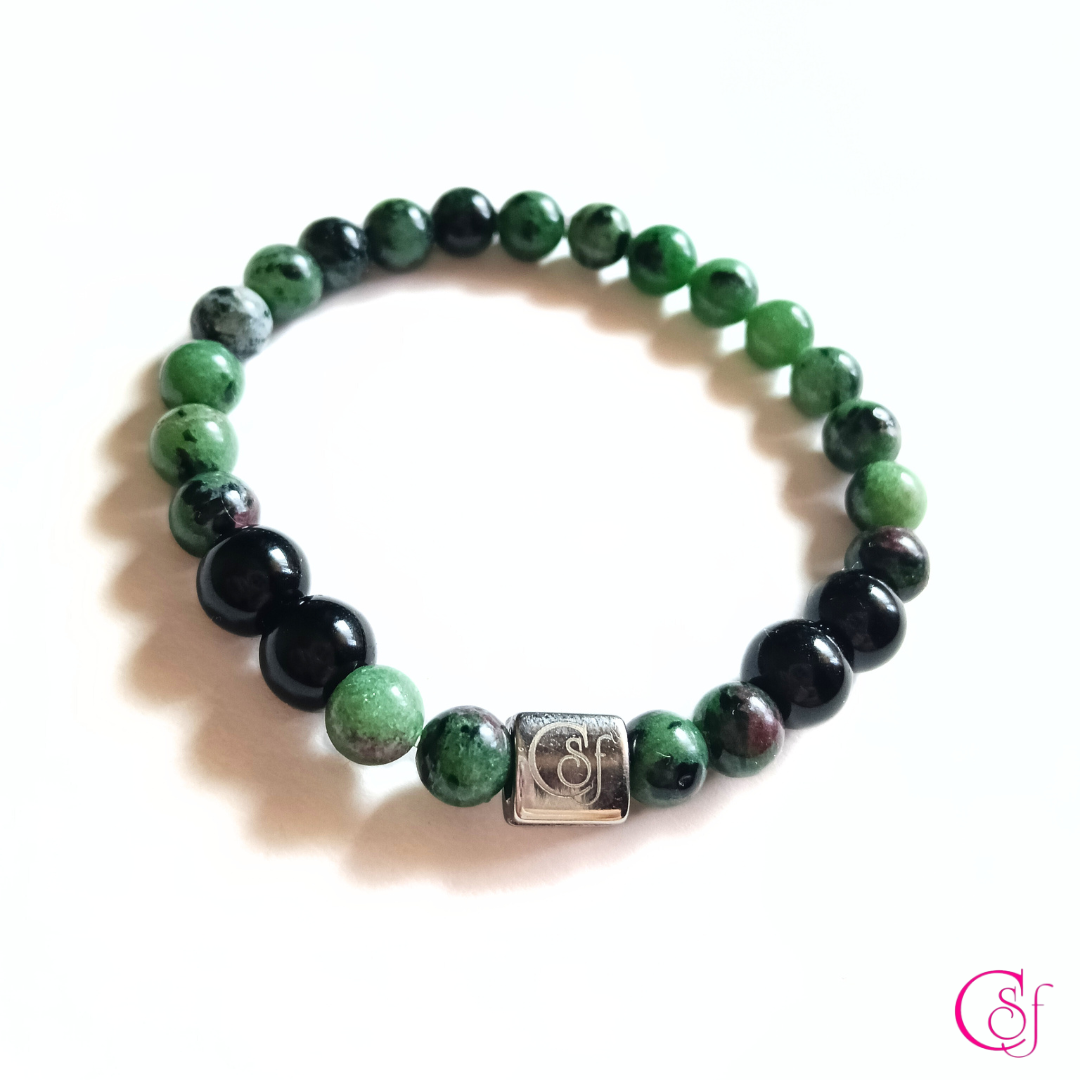 Pulsera Rubí Zoisita y Turmalina Negra · Equilibrio y Carácter · Diseño de Autor CSF