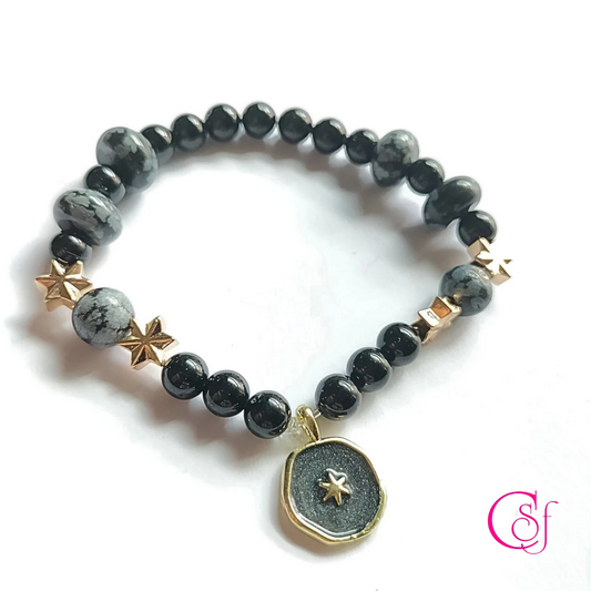 Pulsera de Turmalina, obsidiana nevada y hematita